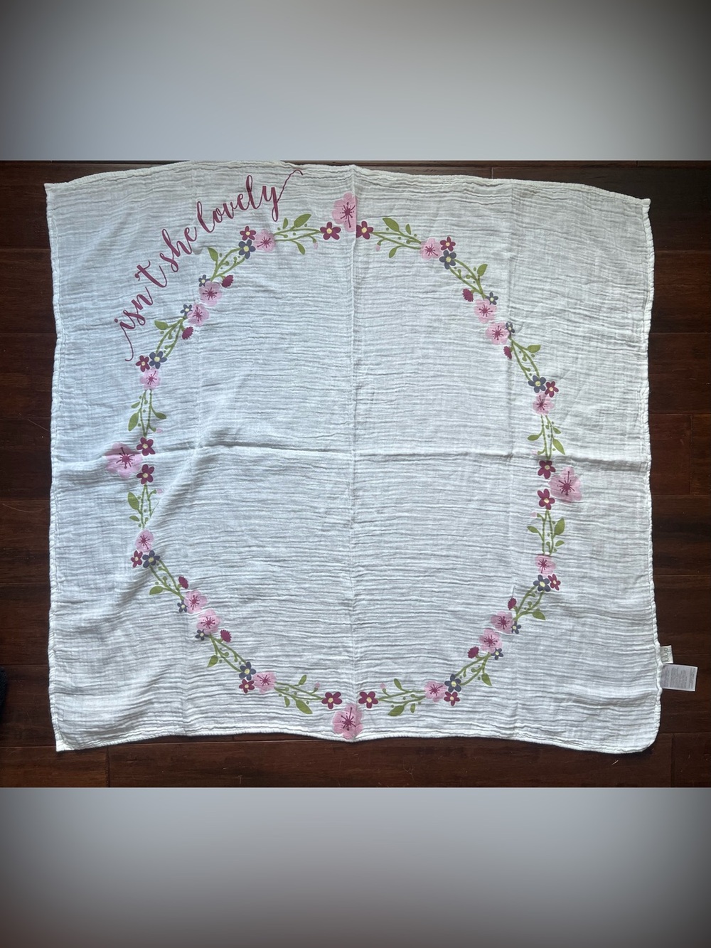 White Muslin Throw Blanket with Pink Floral Wreath for baby pictures